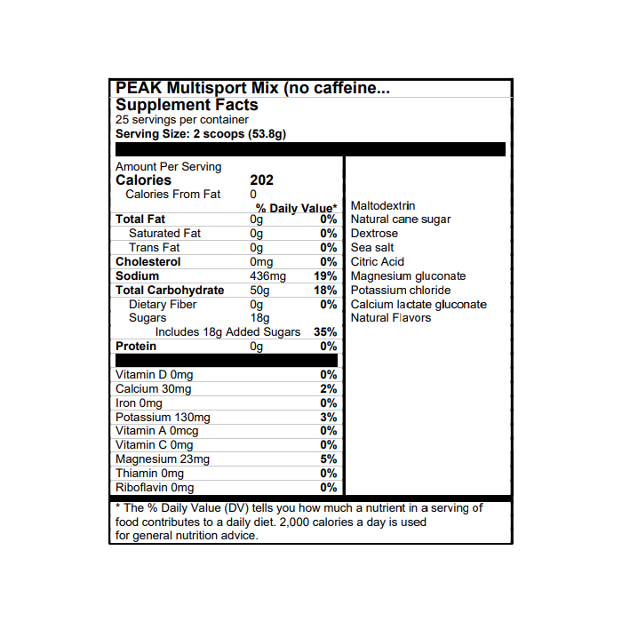 PEAK Multisport Mix (no caffeine) nutritional information