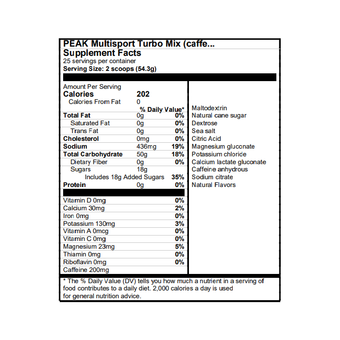PEAK Multisport Turbo Mix (caffeinated) nutritional information